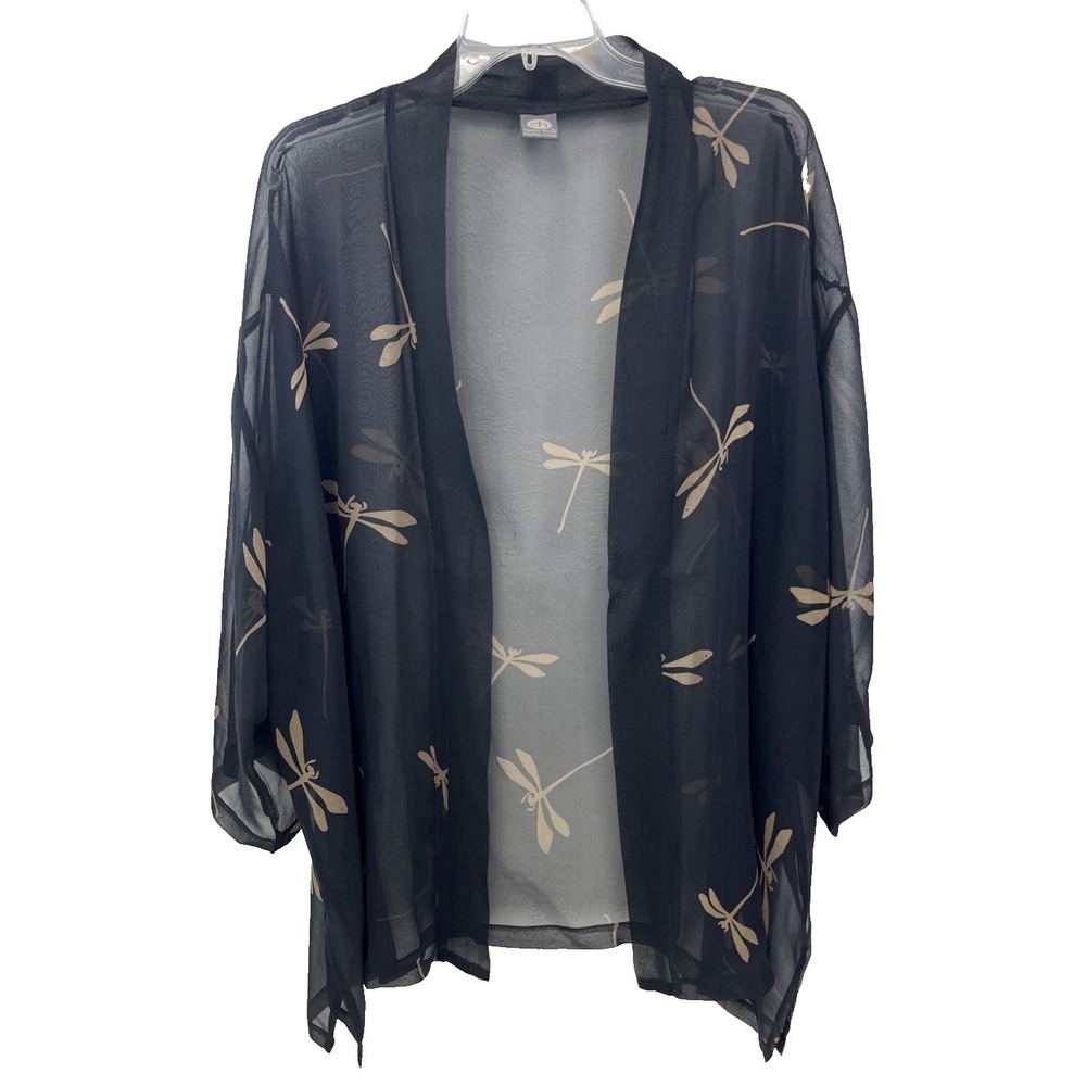 Cocoon House 100% Silk Kimono Top Size L/XL Dragonflies Black Gold Sheer